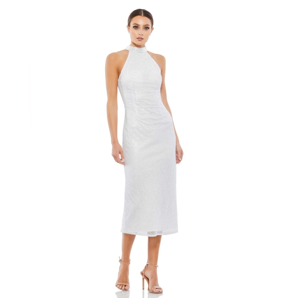 Mac Duggal White Sequined Halter Midi Dress